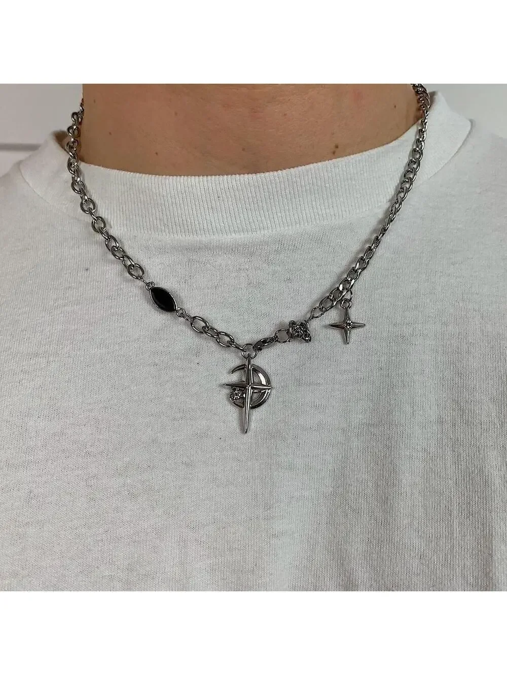 Y2k Cyber 2000s punk grunge crystal cross and opal pendant necklace chain. 20